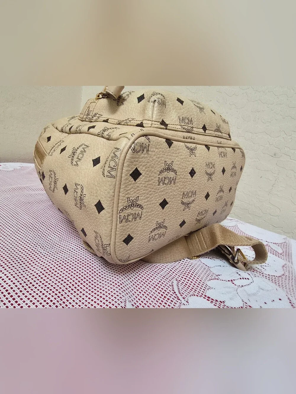 MCM Cream Monogram Medium Backpack AUTHENTIC